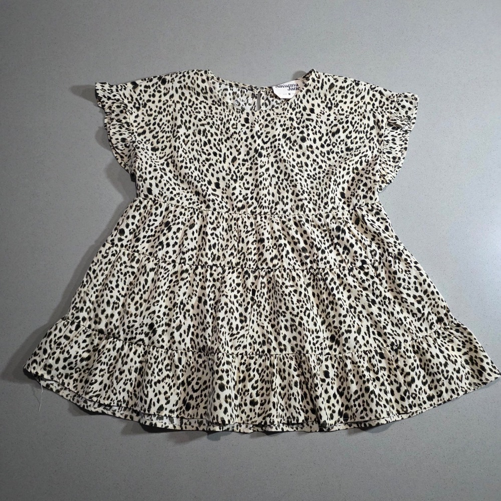 Savanna Jane Leopard Print Tiered Babydoll Top Ruffle Sleeve Blouse Tan Black M